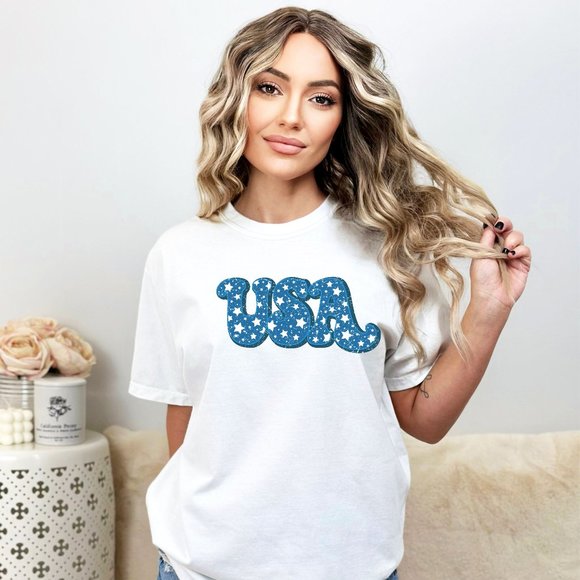 NEW Trendy Retro USA Stars Patriotic American 4th of July Graphic Tee Shirt - Picture 2 of 5